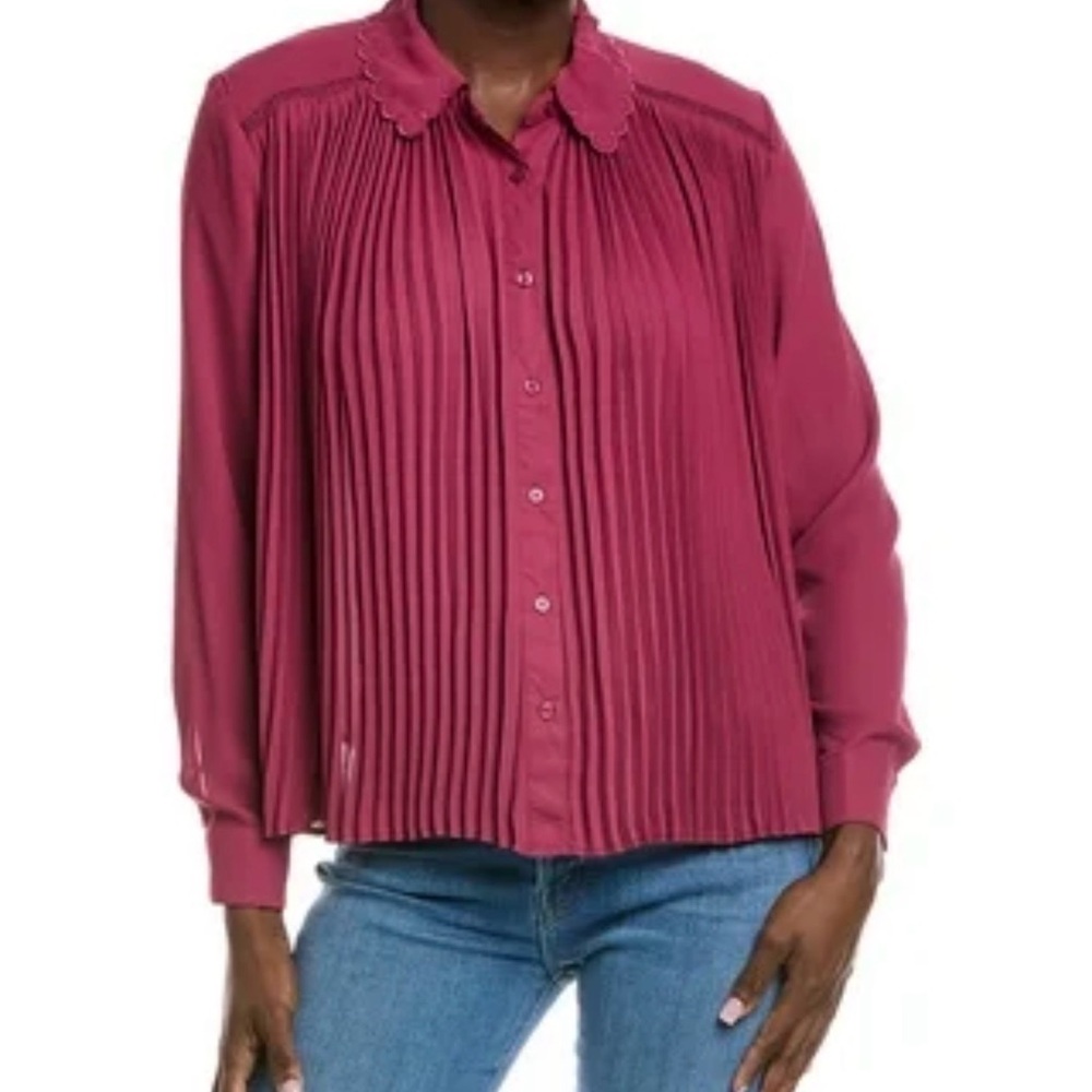 Nannette Lepore purple Burgundy Pleated Scallop Collar button up down Blouse NEW